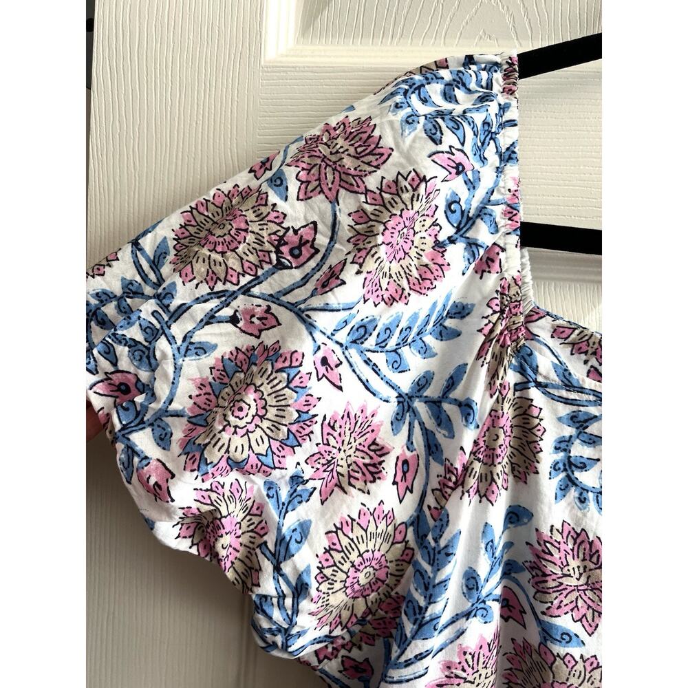 UNCLE FRANK 100% Cotton Pink Blue Floral Puff Sleeve Tiered Midi Dress Sz M - Picture 2 of 12